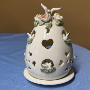 Fairy Tea Light Luminary Ceramic Flowers Doves Hearts 6.5” tall